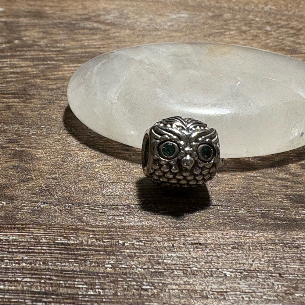 Pandora Silver Owl Charm with Green Eyes